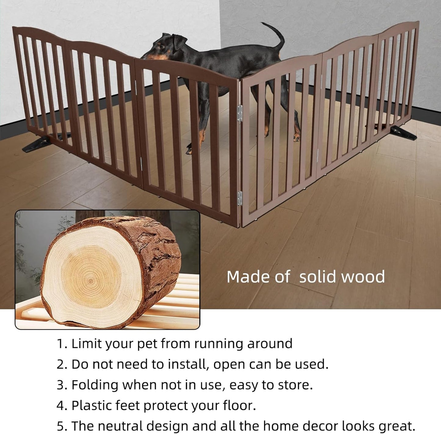 ZJSF Foldable Freestanding Indoor Dog Gate for House Wood Long Pet Gates Dog Fence for Stairs Puppy Gates for Hallways, Puppy Gate,Support Feet Included, Brown, 24 "Height-6 Panels