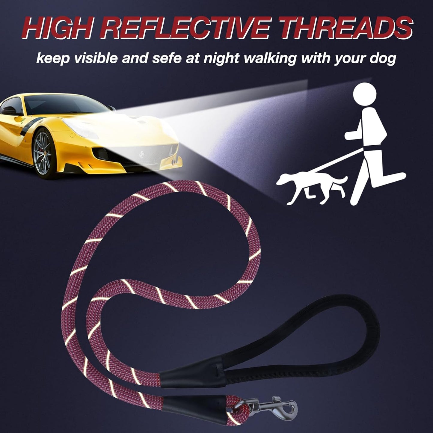 Purple 4FT Dog Leash for Large Dogs Night Walking Reflective Heavy Duty Chew-Resistant Nylon Leash with Padded Handle and 360° Swivel Clip Strong for Medium to Large Breeds