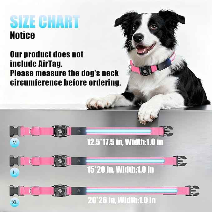 LED AirTag Dog Collar - Brightest Light Up Dog Collars - IP68 Waterproof Air Tag Dog Collar Holder - 1,600 Feet of High Visibility - Magnetic Charging - Dog Lights for Night Walking, Pink L