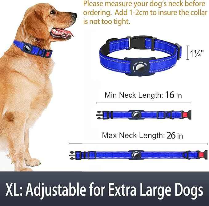 AirTag Dog Collar with AirTag Holder Compatible for Air Tag, Reflective Soft Padded, Safety Locking Buckle, Adjustable Nylon for Small Medium Large Dogs (NavyBlue,XL)