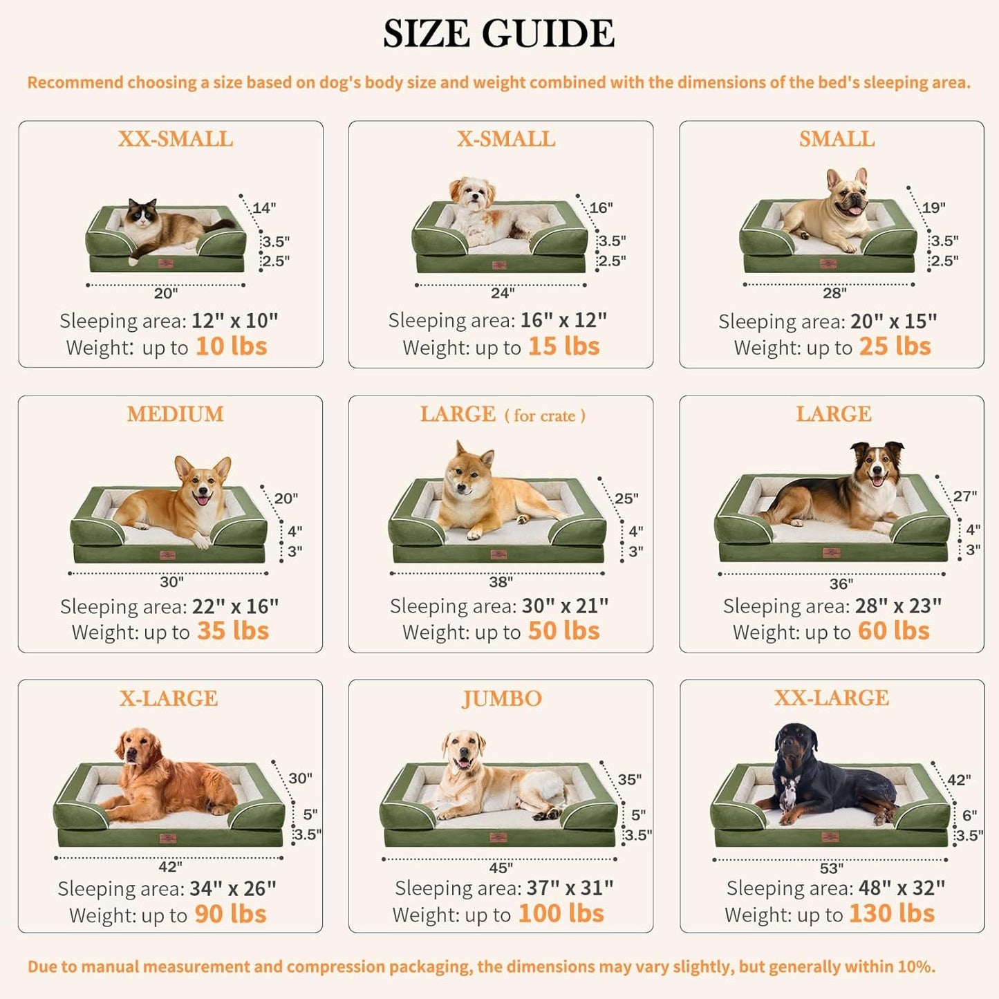 Comfort Expression Waterproof Dog Beds for Large Dogs, Orthopedic Large Breed Dog Beds, Comfy Pet Bed Sofa with Washable Removable Cover & Non-Slip Bottom(Light Green)