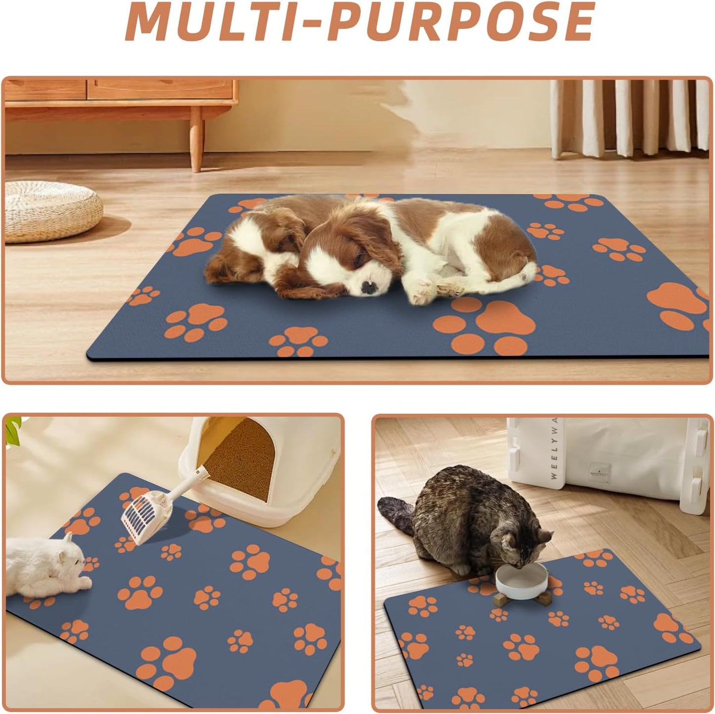 18"×30" Dog Food Mat-Absorbent Dog Mat for Food and Water, No Stains Quick Dry Cat Dog Food Bowl Mat Non Skid Dog Feeding Mat with Footprints for Messy Drinkers Blue