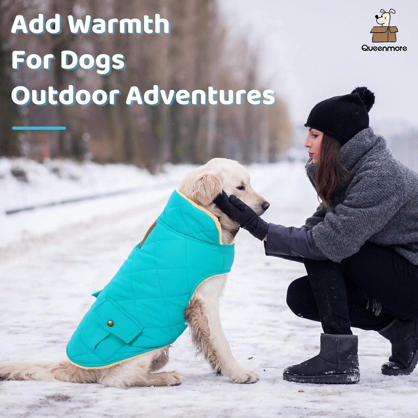 Queenmore Warm Dog Coat, Cold Weather Puffer Dog Coat Vest, Quilting Winter Pet Jacket Ultra Thick Plush Fleece Lining Pet Clothes for Dogs with Storage Pockets (Light Blue, Small)