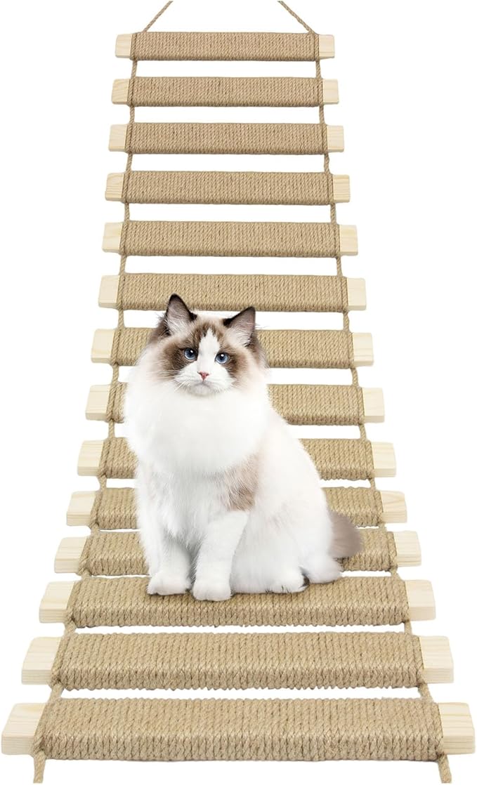 40in Cat Ladder & Bridge, Outdoor Cat Tree with Jute Rope, Multi-Level Climbing Frame & Scratcher for Indoor/Outdoor Cats (Wood Tone, 40in)