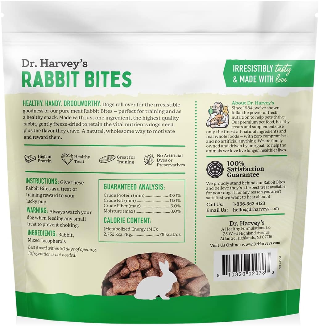 Dr. Harvey's Rabbit Bites Freeze-Dried Raw Dog Treats, Single Ingredient, All-Natural Rabbit Meat Protein for Dogs, Allergen-Free, 7 Ounces (1 Pack)