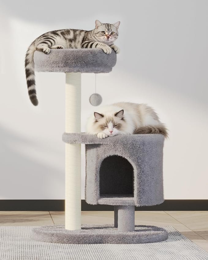 Cat Tree, 34.3 Inches Cat Tower with Scratching Post, Condo, Interactive Hanging Ball, Plush Perch for Indoor Large Cats, Gray