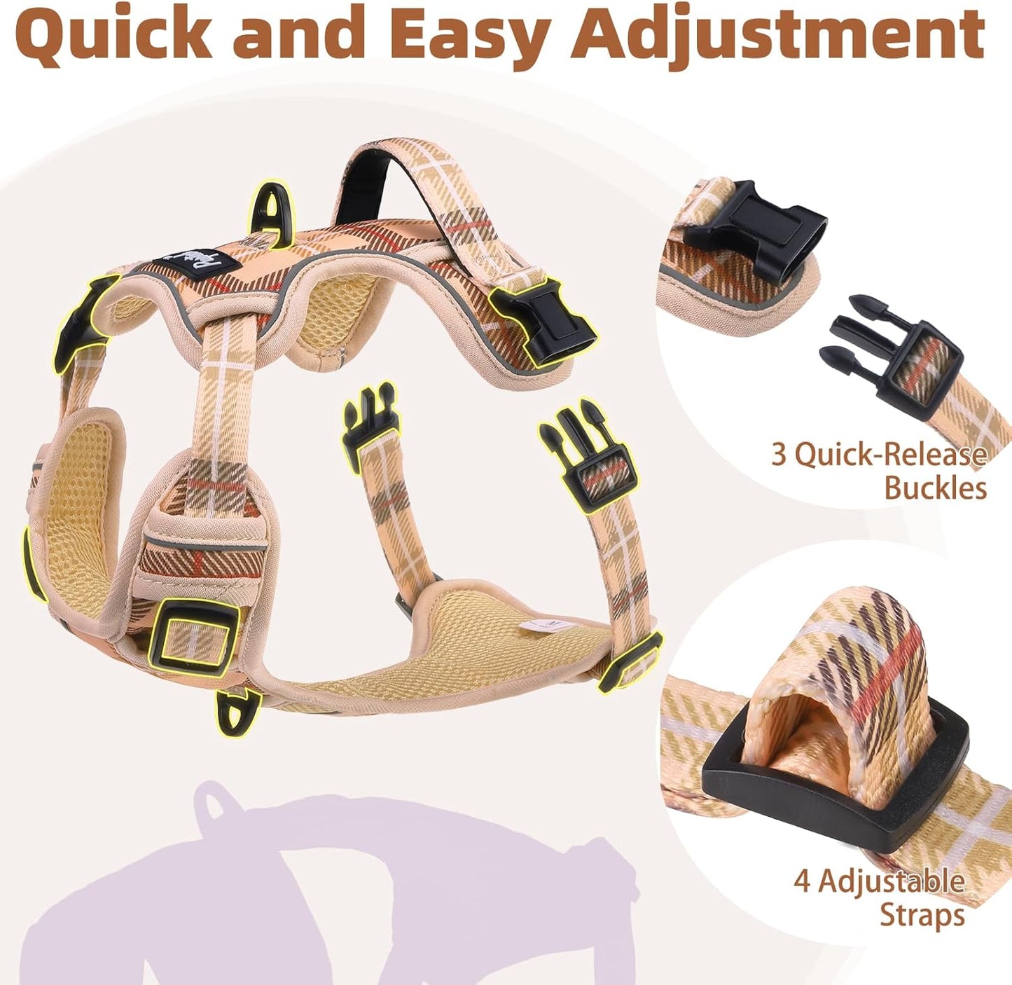 PUPTECK No Pull Dog Harness Medium Sized, Adjustable Reflective Dog Harness with Handle Easy Control, Comfortable Soft Padded Pet Vest Harness for Medium Dogs, Plaid Beige M