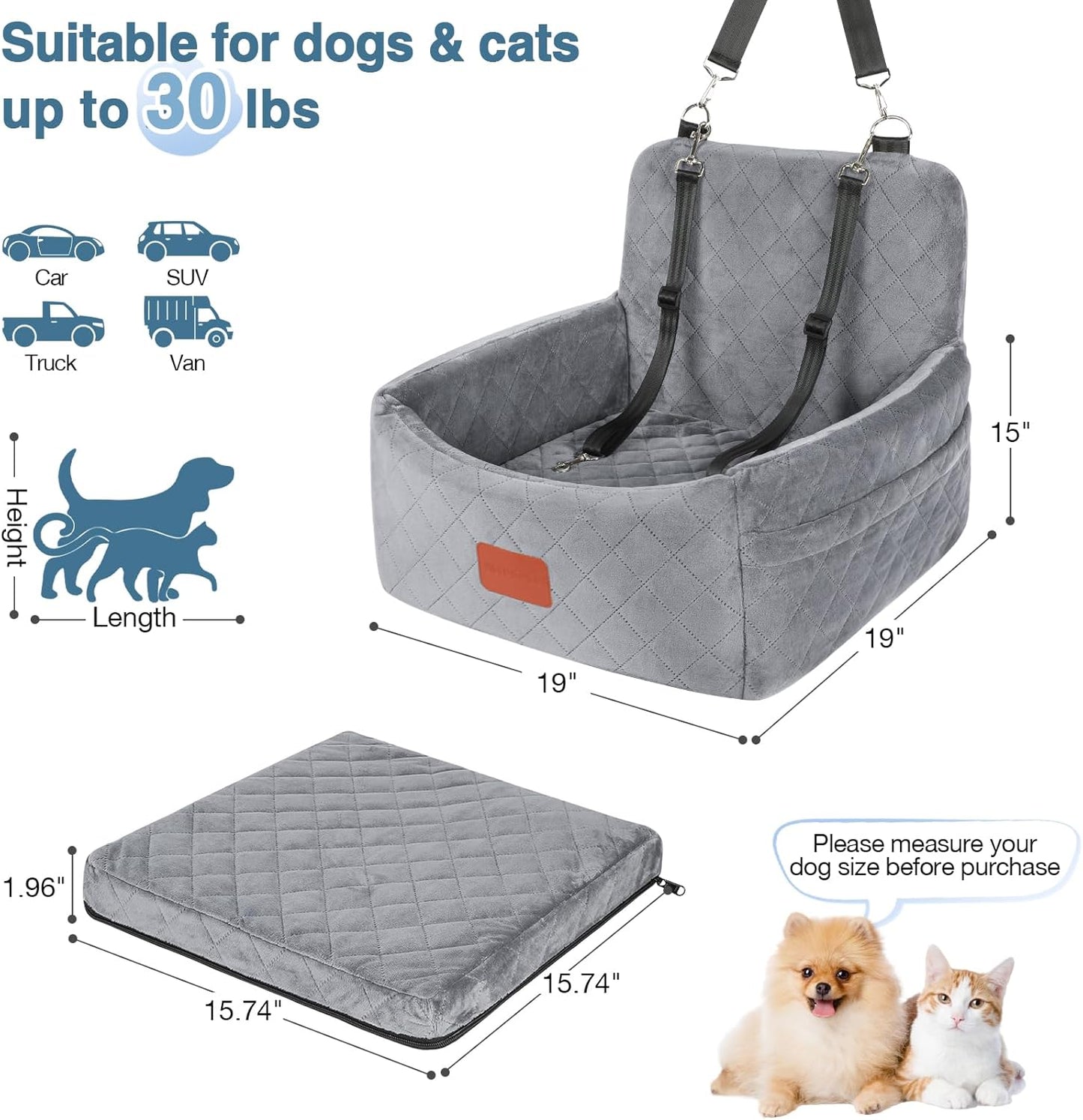 Dog Car Seat for Small Dogs Under 30lbs,Comfy & Safe Travel Bed with Washable Cover,2 Clip-On Safety Leashes and Pockets,Anti-Slip Base,Easy to Install(Grey) - Pawvie