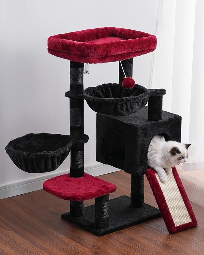 Hey-brother Gothic Cat Tree, Cat Tower for Indoor Cats, Cat House with Large Padded Bed, Cozy Condo, Hammocks, Sisal Scratching Posts, Big Scratcher, Black and Red MPJ006SBR