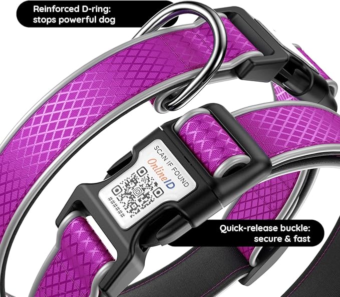 Reflective Dog Collar with Waterproof Air tagholder & Anti-Lost QR Code | Ultra-Durable | Soft Padded | Safety Locking Buckle | Fit Large Dogs (Purple L(15.7"-23.6"))