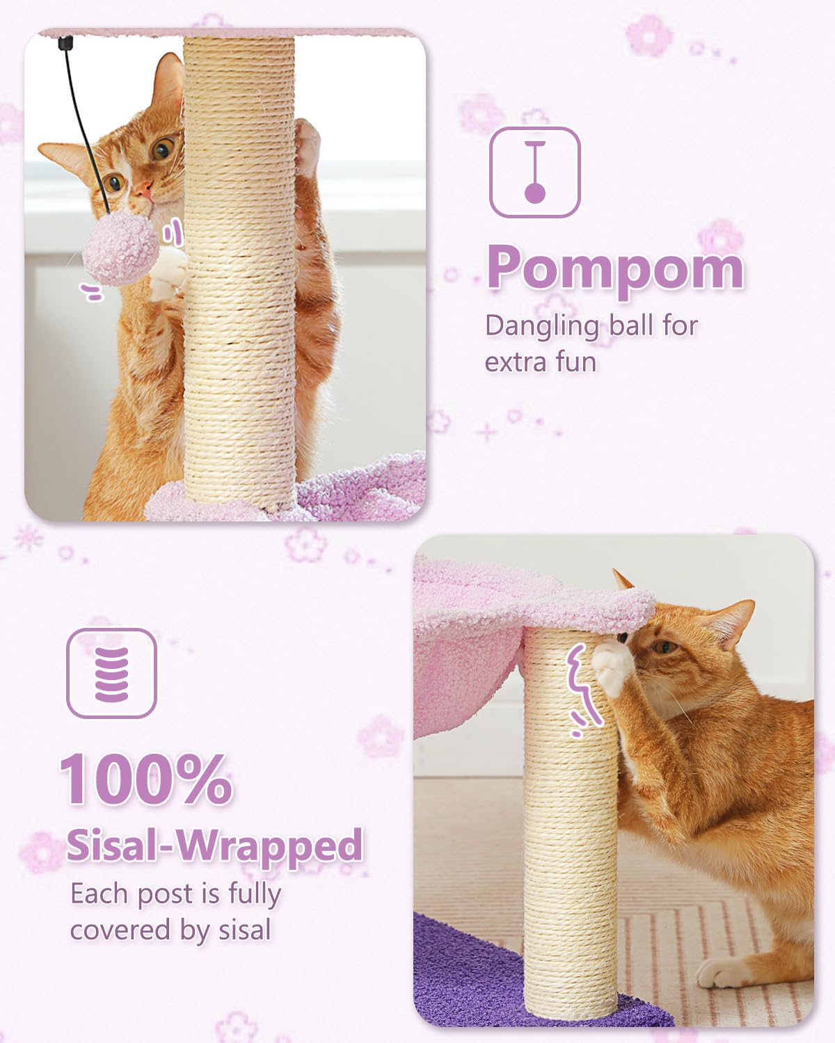 Flower Cat Scratching Post, 28" Cute Cat Tree Tower for Indoor Cats with Large Hammock Soft Perch Bed, Replaceable Toy Ball for Kittens, Purple