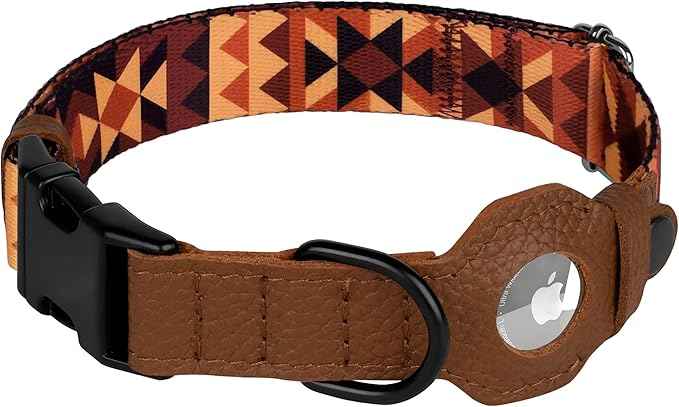 AirTag Dog Collar with Metal Buckle - Printed Nylon Soft Leather Dog Collar with Apple AirTag Holder - Secure Tracking GPS Pet Collars for Girl Boy Small Large Dogs (L, 17"-21" Neck Fit, Tribal)