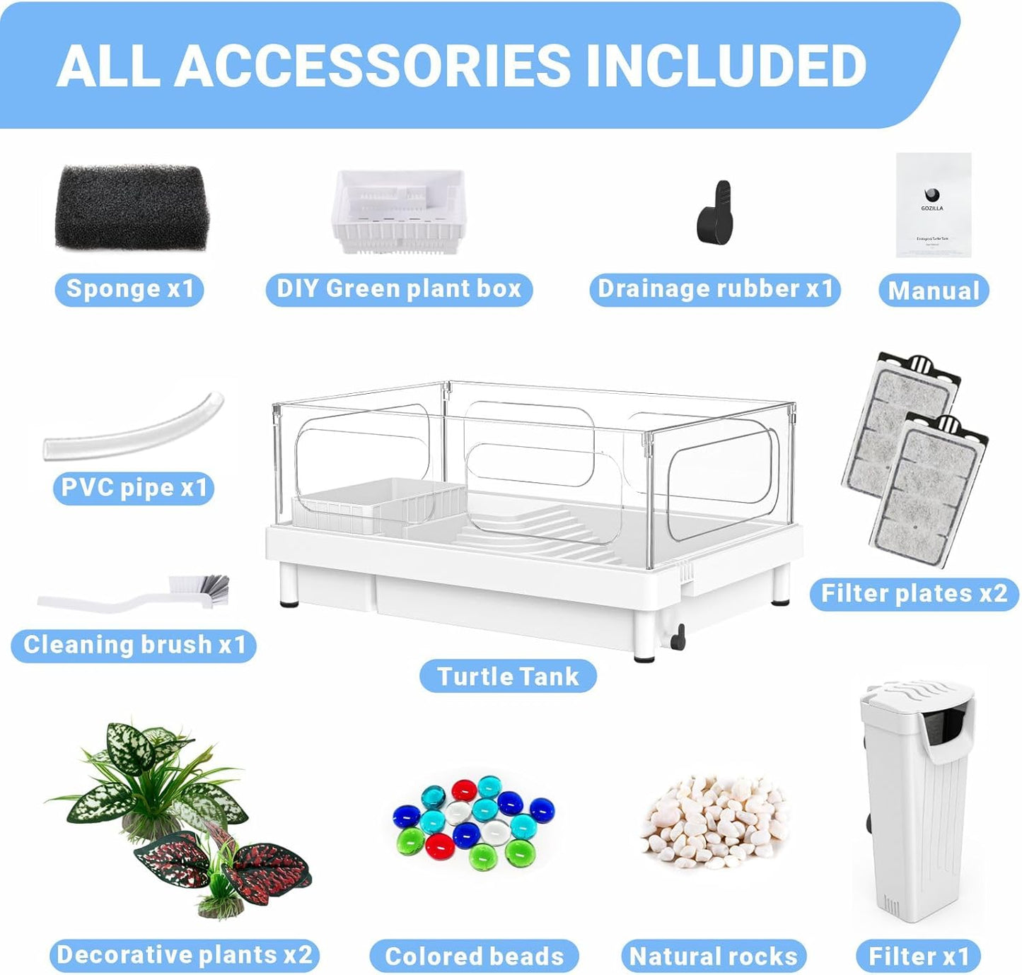 Small Turtle Tank with Filter, Acrylic Turtle Tank Starter Kit, Reptile Habitat and Terrarium with Multi-Functional Areas for Tortoise,Crab,Crayfish,Small Reptile. (Tank+Filter) - Pawvie