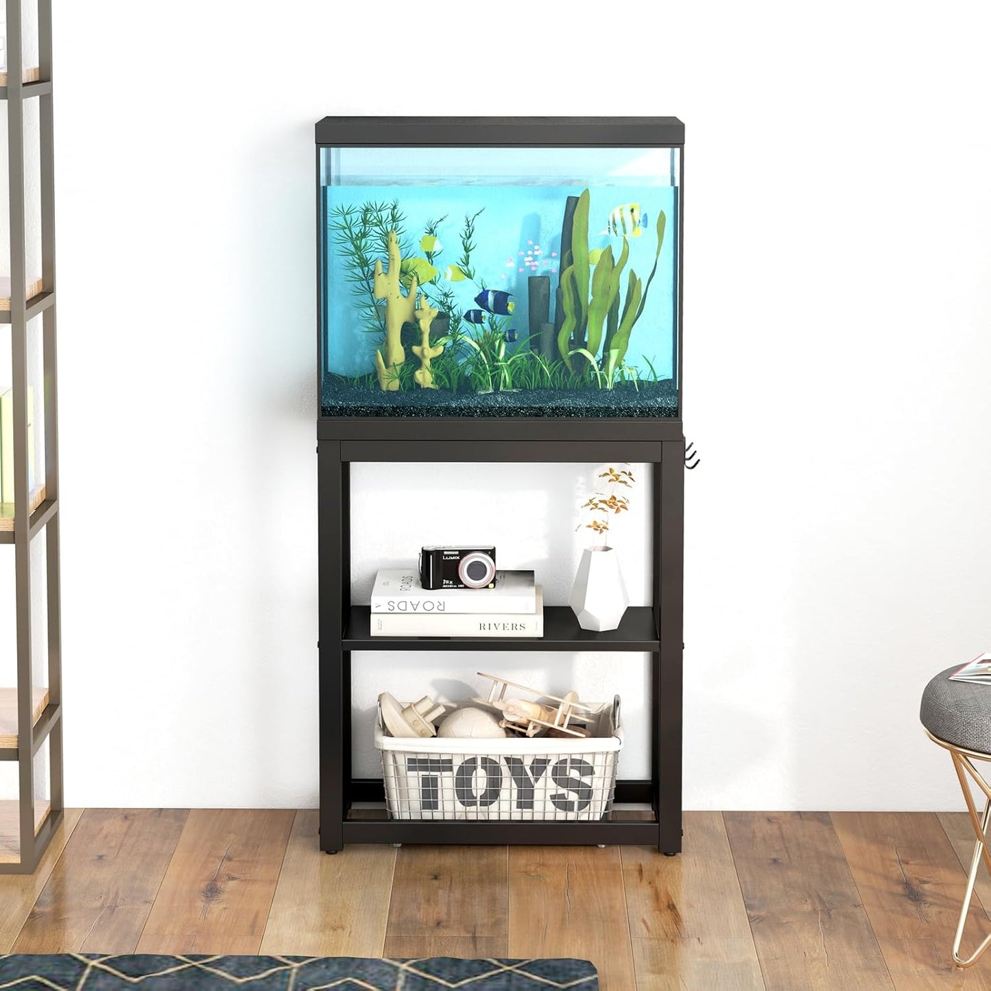 10-20 Gallon Fish Tank Stand with Storage Shelf, Aquarium Stand Measuring 24.8" W x 9.5" D x 30.1" H with Hooks,Heavy Duty Metal Turtle Reptile Tank Stand, Easy Assemble