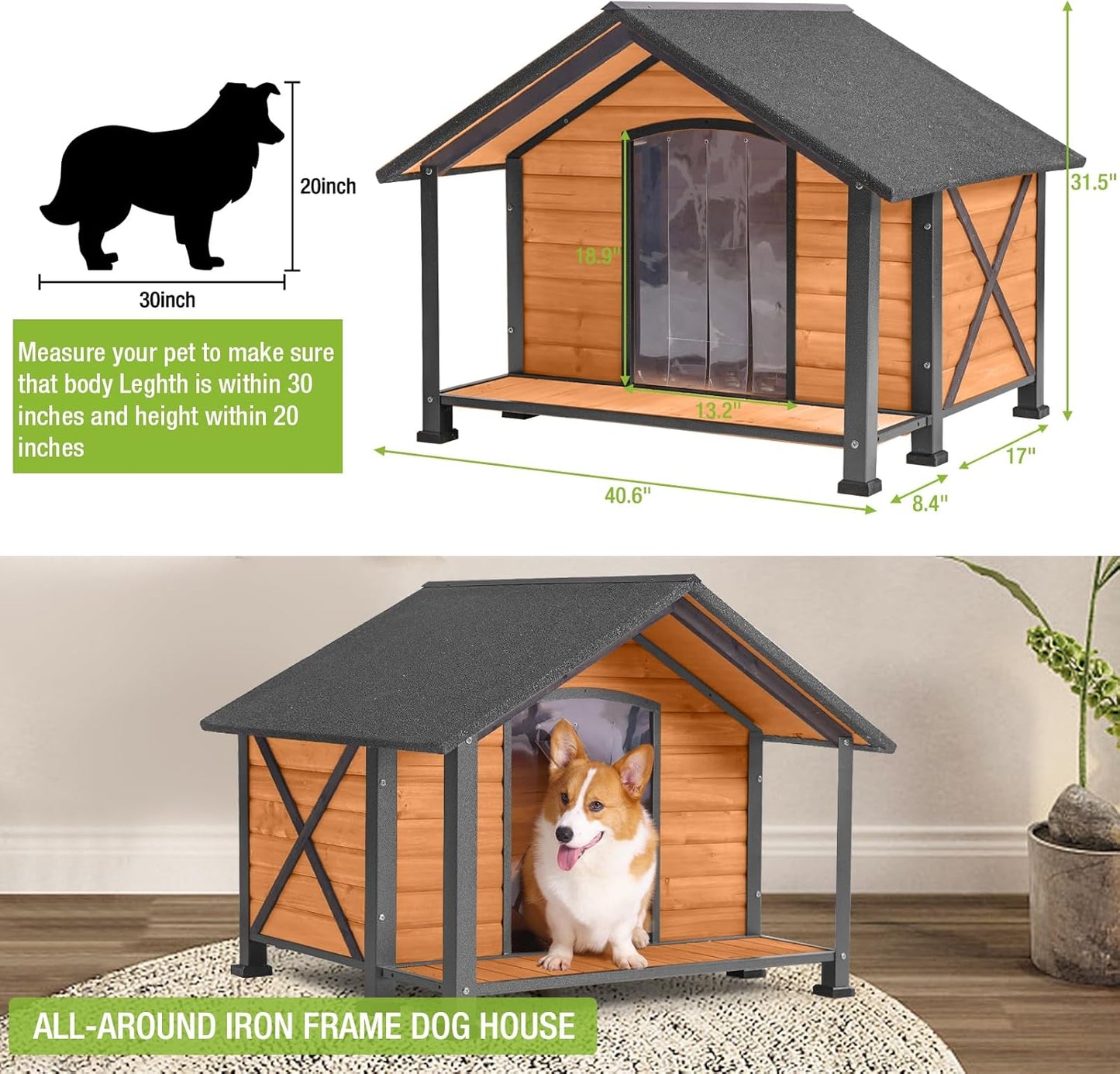 GUTINNEEN Dog House Outdoor & Indoor Insulated Dog Kennel with Liner for Winter Waterproof Dog Crate for Small & Medium & Large Dogs,Unique All-Around Iron Frame