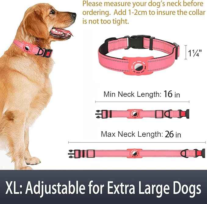 AirTag Dog Collar with AirTag Holder Compatible for Air Tag, Reflective Soft Padded, Safety Locking Buckle, Adjustable Nylon for Small Medium Large Dogs (Pink,XL)