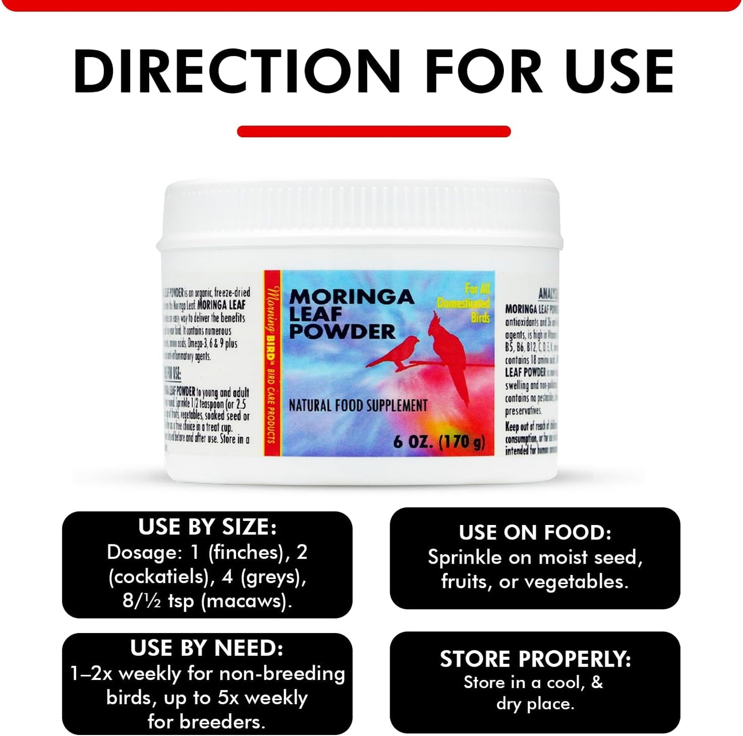 Morning Bird Moringa Leaf Powder 6 oz – Natural Food Supplement for Birds, Rich in Vitamins & Minerals, Boosts Immune System & Energy, Supports Healthy Feathers, Digestion, and Overall Avian Wellness