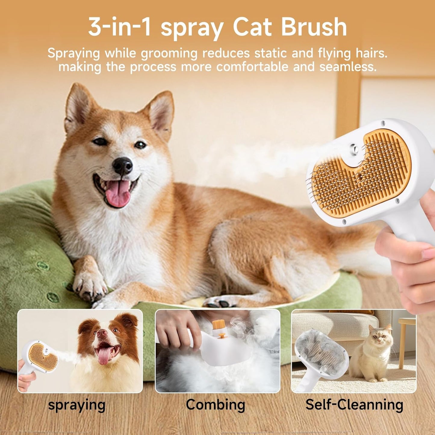 Pet Steam Brush for Dog & Cat–3-in-1 Spray Hair Removal Comb–Steam Brush for Shedding & Grooming–Water Brushes for Long & Short Haired Pets–Spritz Defur Comb–Includes Waterless Shampoo & Eye Wipes