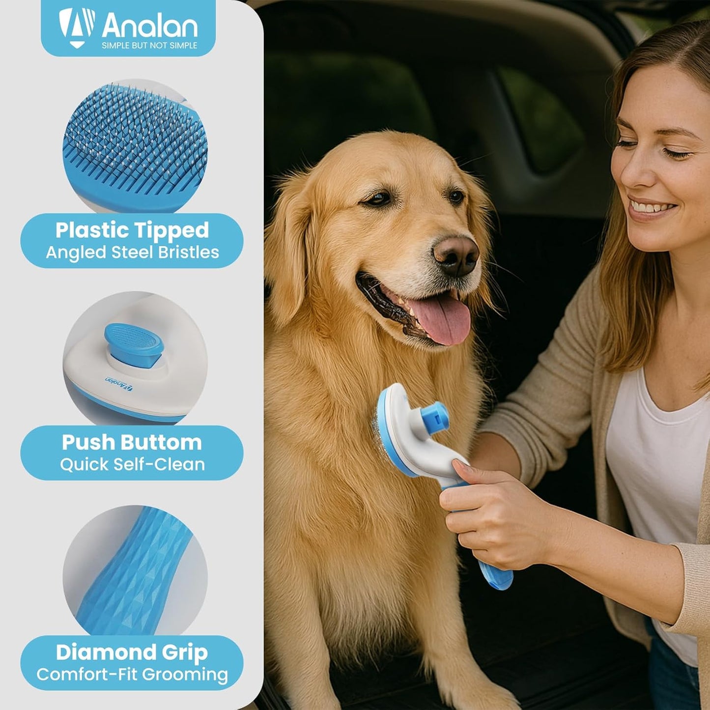 3 in 1 Analan Cat Brush Pet Hair Remover for Dog & Cat, Self-Cleaning Slicker Brush for Pet Grooming, Perfect Pet Hair Removal Tool for Furniture Carpets Couches and Bedding (Sky Blue)