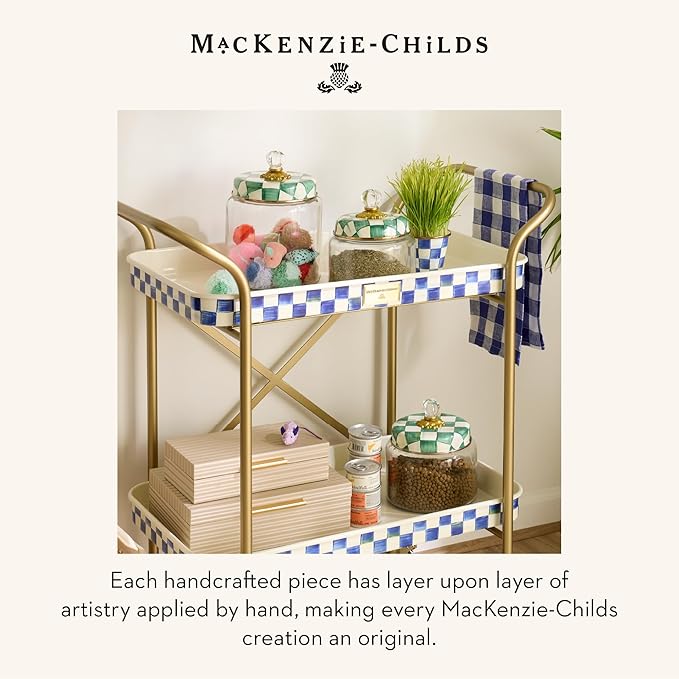 MACKENZIE-CHILDS Enamel Pet Bowl, Cute Cat and Dog Bowl for Food and Water, Medium, Green-and-White Emerald Check