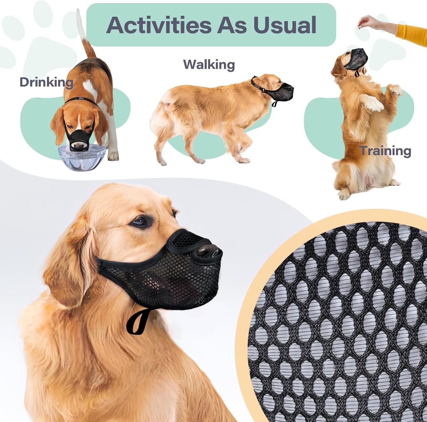 LUCKYPAW Dog Muzzle for Large Medium Small Dogs, Patented Mesh Muzzle to Prevent Biting Chewing Eating, Soft Mouth Guard with Front Opening Design for Drinking Panting(Black, M)