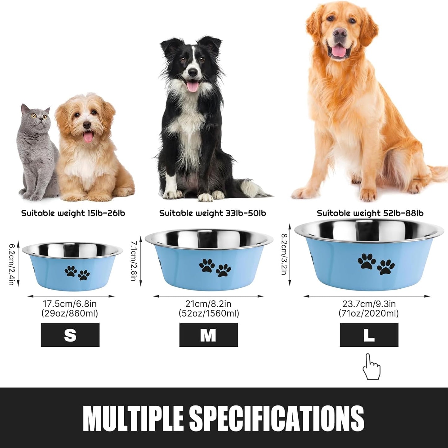 Stainless Steel Dog Bowls, Nonslip Rubber Bottom No Spill Proof Skid Metal Insulated Dog Bowls for Large Medium Small Breed Dogs (Blue, 8.5 Cups/71 OZ)