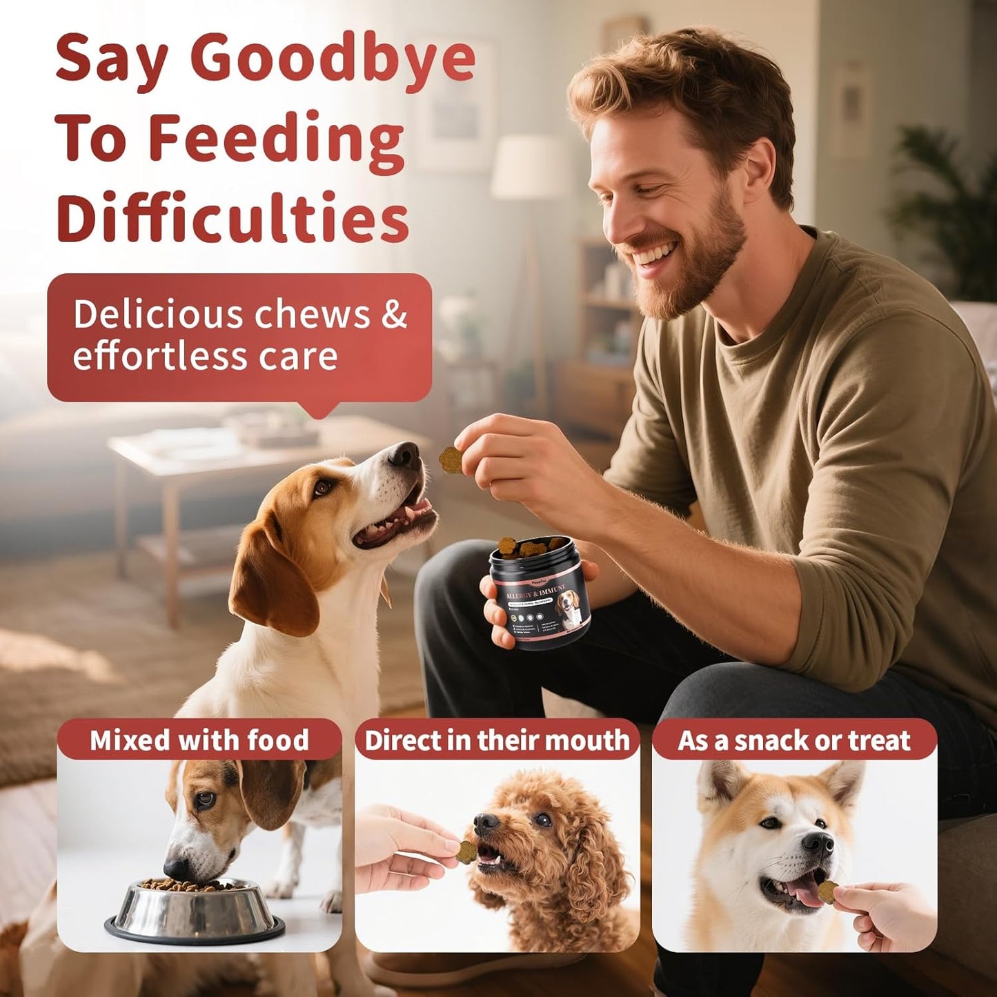 Dog Allergy Chews, Probiotics for Dog Allergy Relief - Itchy Skin and Itchy Ears - Allergy Paw Relief - Seasonal Allergies & Immune Gut Health & Joint, Energy Support, Chicken Flavor - 90 Count