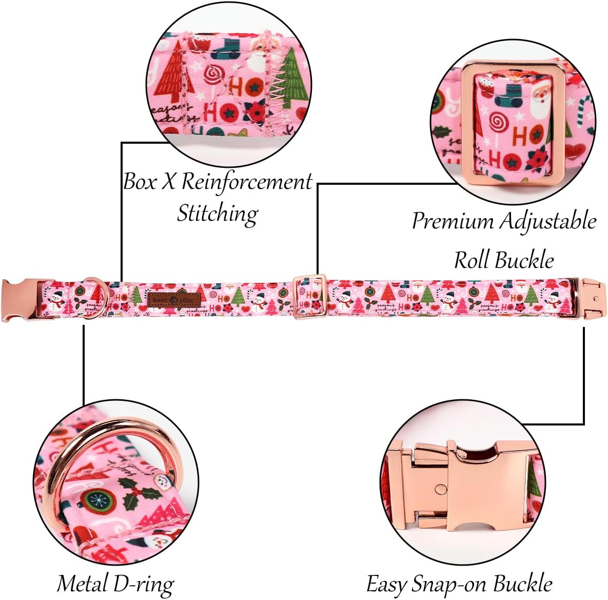 Lionet Paws Christmas Dog Collar with Sailor Bow, Cute Ho Christmas Tree Snowman Pink Dog Collar Bow Tie for Large Dogs, Neck 16-24 inches