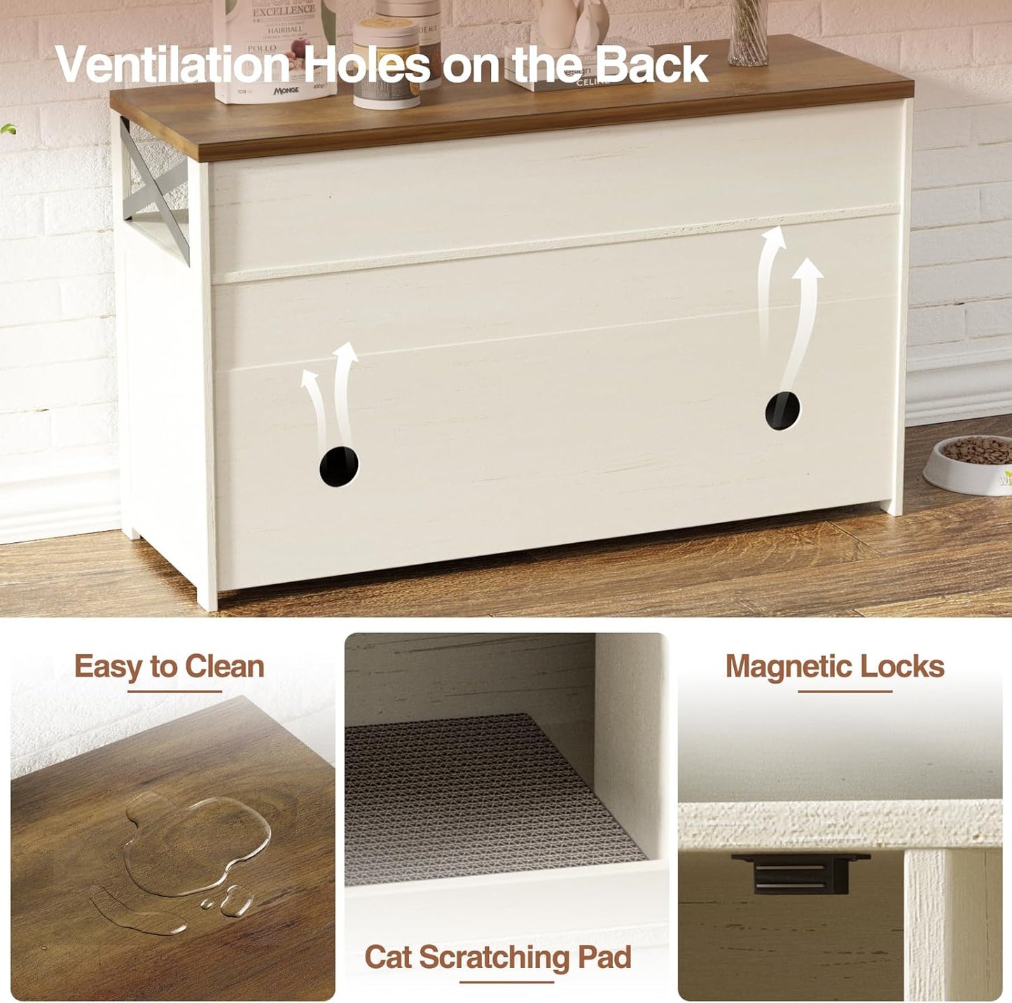 Cat Litter Box Enclosure for 2 Cats, 47" Double Hidden Litter Box Furniture with Scratch Pad, Farmhouse Indoor Litter Box Cabinet Cat Washroom, White