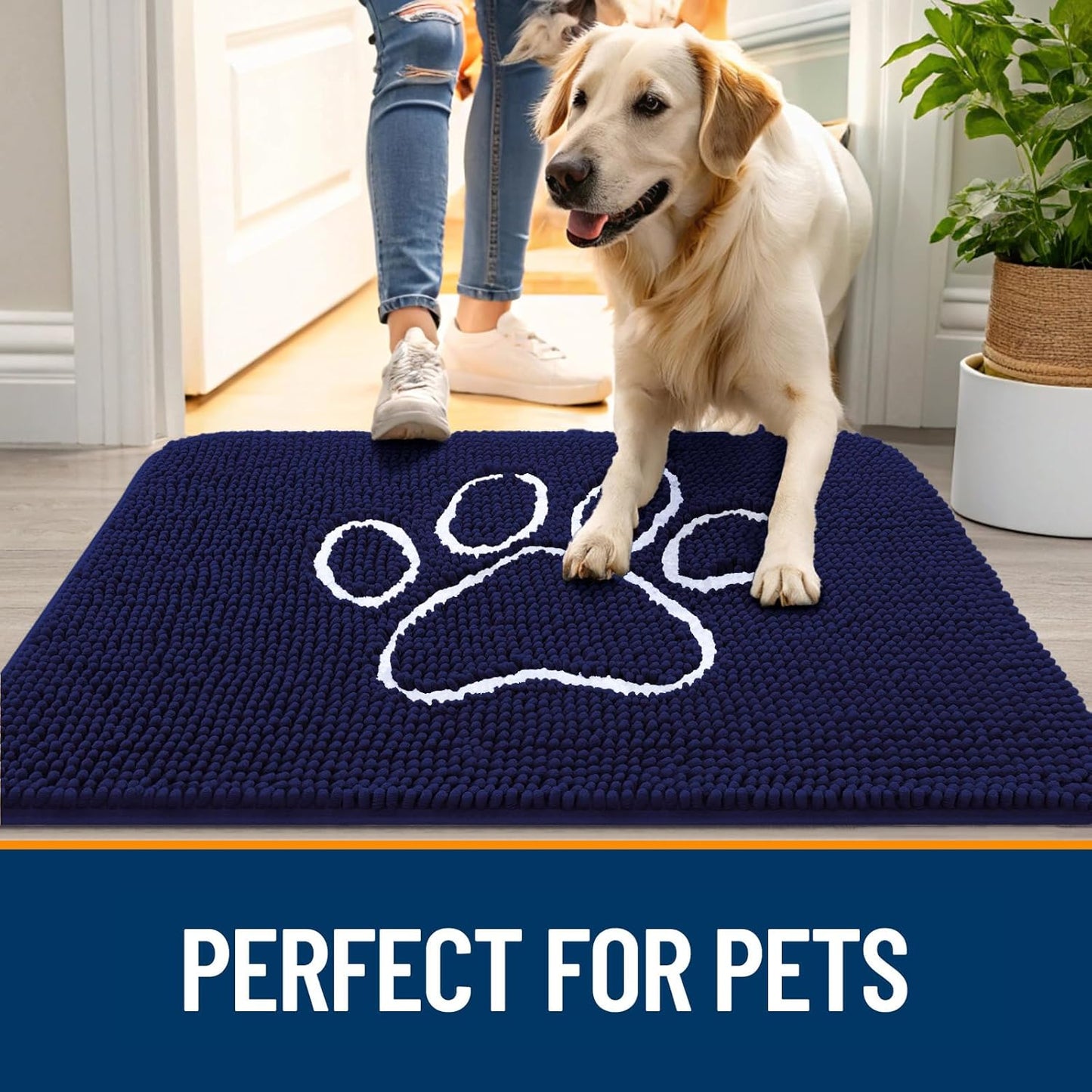 OLANLY Door Mat for Muddy Dog Paws 30x20, Ultra Absorbent Chenille Mud Doormat with Paw Print Design, Non-Slip Washable Doormat for Indoor Entryway, Quick-Dry Pet Bed Mats for Dirty Dogs, Navy Blue