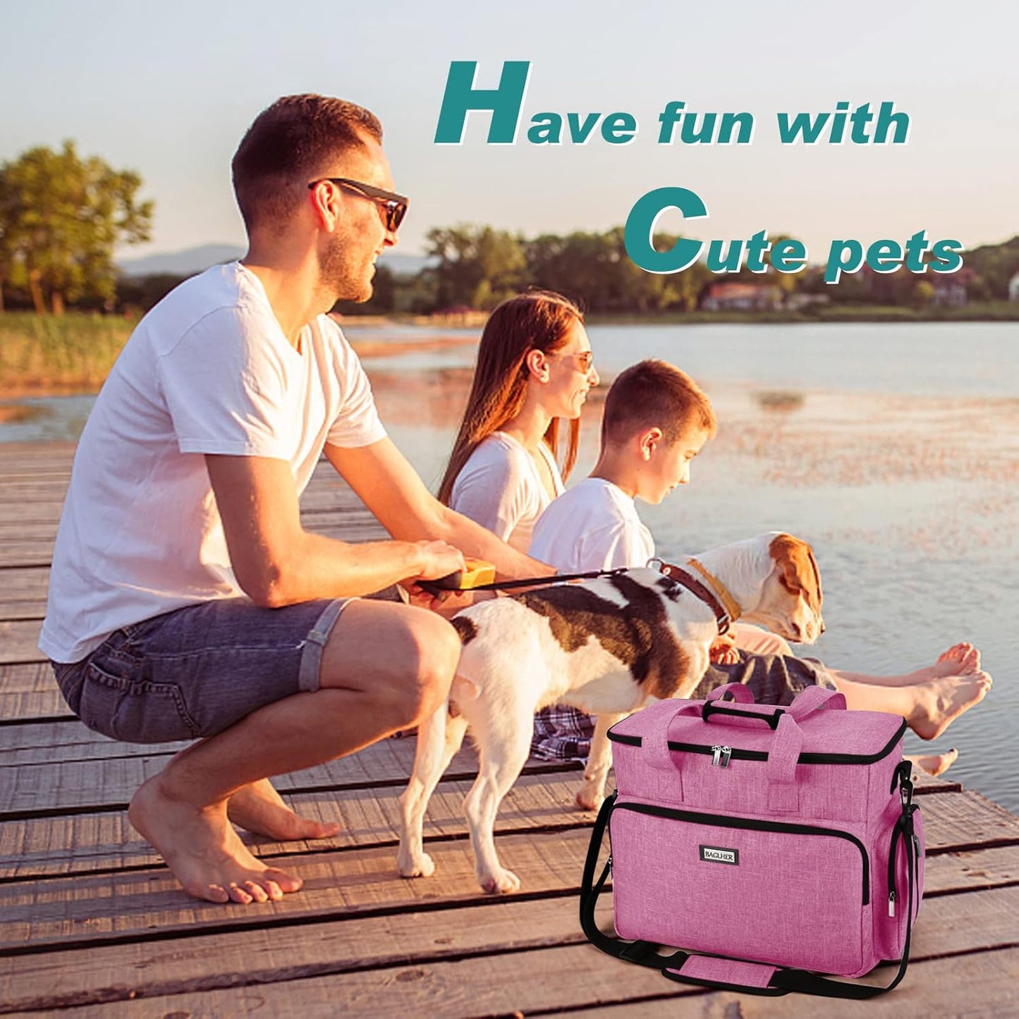 BAGLHER Dog Travel Bag, Pet Travel Bag (ALL Pet Travel Supplies), With 2 Pet Food Containers and 2 Collapsible Silicone Bowls; Essential Kits for Pet Travel Pink