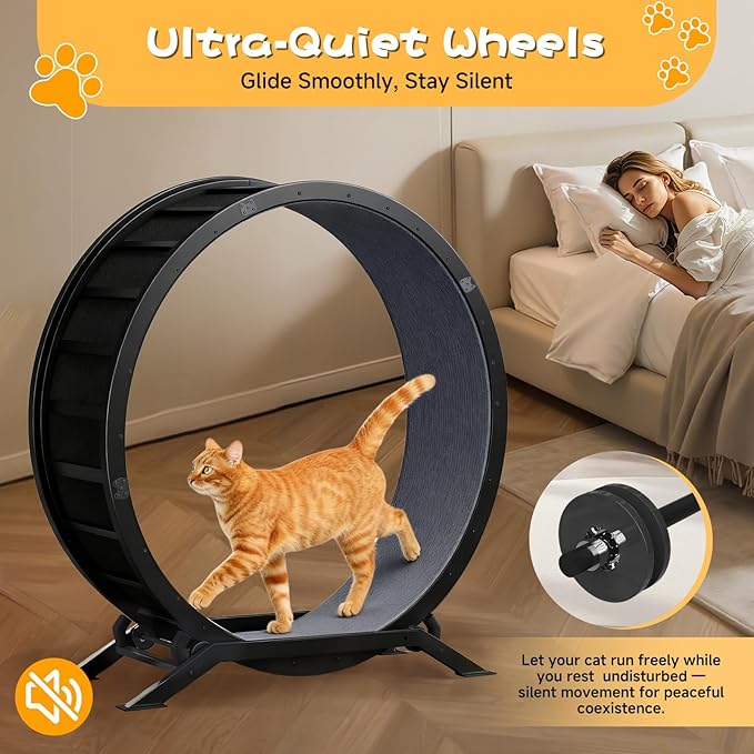 GTPLAYER Cat Wheels, Large Cat Exercise Wheel for Indoor Cats, 40"Diameter cat treadmill Detachable Carpet & Teaser, stickers, Ultra-quiet scroll wheel With latch, Suitable for Most Cats, Metal, Gray