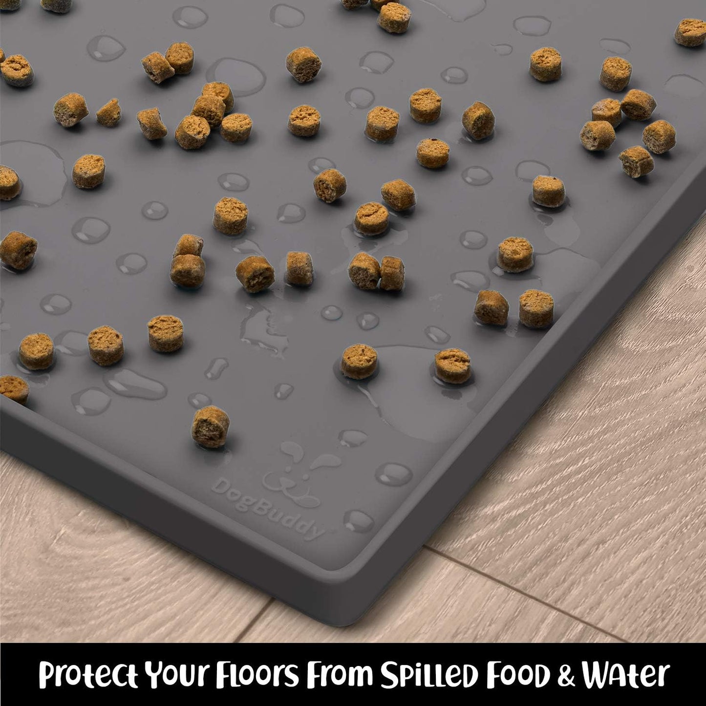 DogBuddy Dog Food Mat – Waterproof Dog Bowl Mat for Food and Water, Silicone Pet Feeding Mats for Floors, Non-Slip Placemat with High Edges for Dogs Bowls, Puppy Essentials (Small: 19"x12", Shadow)