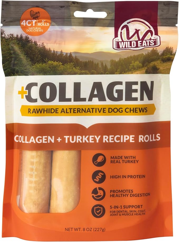 Wild Eats Turkey Flavor Collagen Retriever Style Cheek Rolls 5" Dog Chews-4 Pack (Long Lasting Dog Chews Treats & Bones for Medium Dogs) Substitute for Pig Ears for Dogs