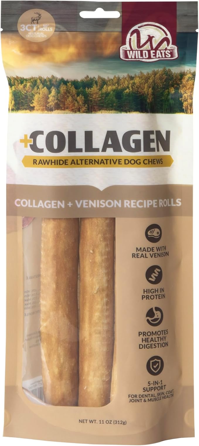 Wild Eats Venison Flavor Collagen Retriever Style Cheek Rolls 10" Dog Chews-3 Pack (Long Lasting Dog Chews Treats & Bones for Medium Dogs) Substitute for Pig Ears for Dogs