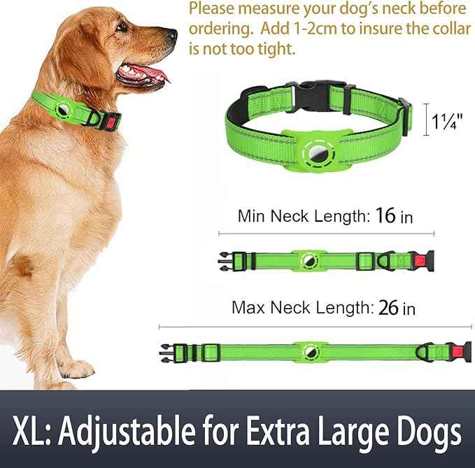 AirTag Dog Collar with AirTag Holder Compatible for Air Tag, Reflective Soft Padded, Safety Locking Buckle, Adjustable Nylon for Small Medium Large Dogs (Green,XL)