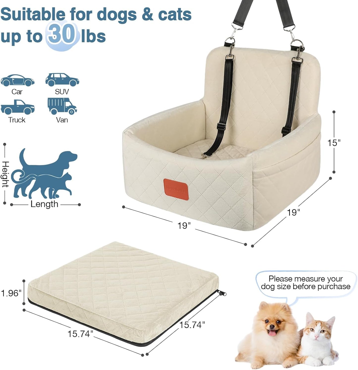 Dog Car Seat for Under 30lbs Dogs,Comfy Febric Fill in Memory Foam,Washable and Detachable Pet Travel Car Bed,Anti-Slip Bottom,2 Safety Leashes & Storage Pockets(Beige) - Pawvie