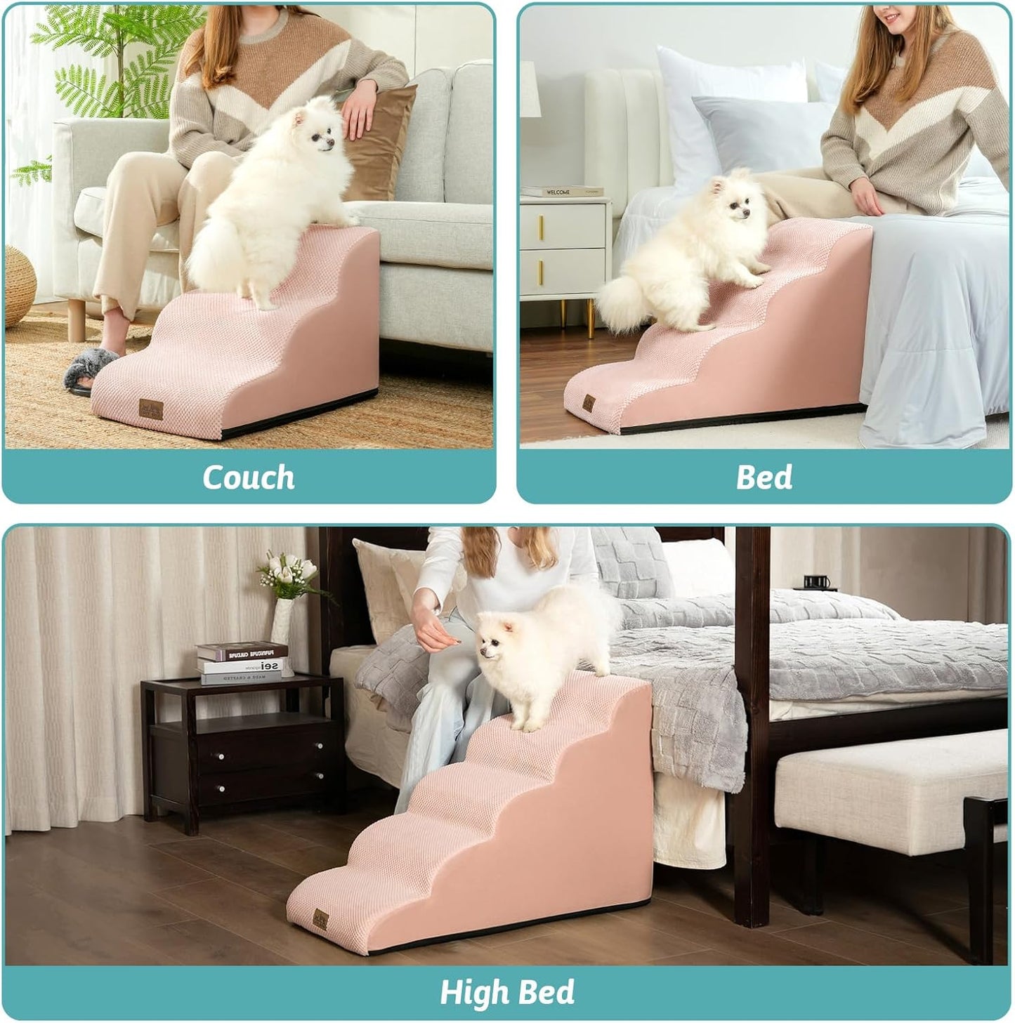 Dog Stairs for Small Dogs 15.7" H, Curved Dog Step for Puppy, Older Cat, Medium Pet Ramp for Sofa, Couch or Bed, Ladder with High Density Foam, 15.7x22.4x15.7 inch, 3 Step, Pink - Pawvie