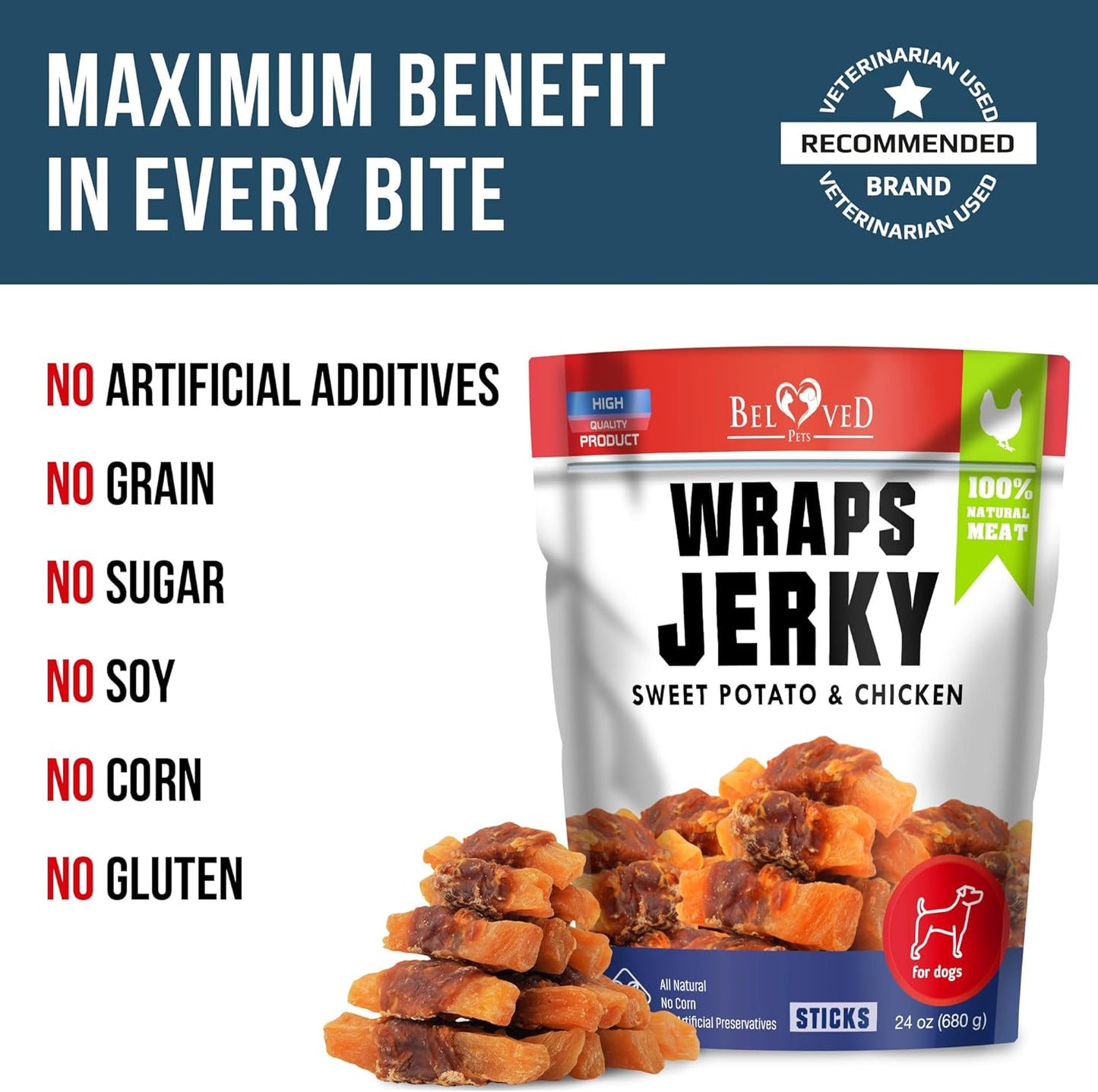 Dog Treats Sweet Potato Jerky Chicken Wraps 24 oz - Human Grade - Grain Free Organic Meat - All Natural High Protein Dried Strips - Best Chews for Small & Large Dogs - Bulk Soft Pack Made for USA