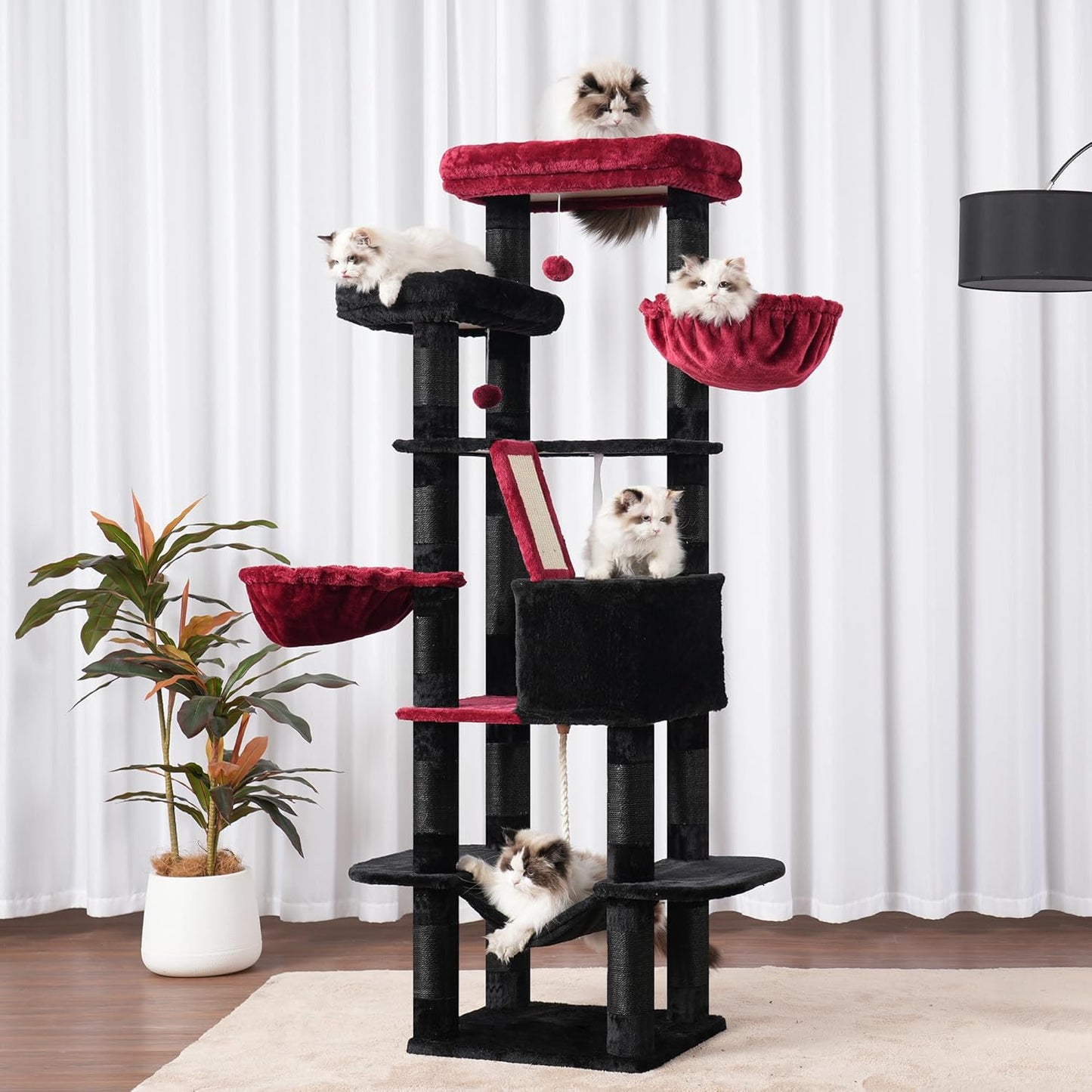 Heybly Cat Tree, 68 inch Multi-Level Cat Tower for Indoor Cats, 2 Widened Plush Perches Cat Condo with Scratching Board and Big Caves, Black and Red HCT025BR