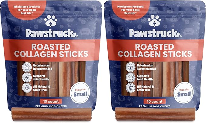 Pawstruck All Natural 5-6" Roasted Collagen Sticks for Dogs - Low Odor & Long Lasting Alternative to Bully Sticks and Rawhide Chews - Single Ingredient & Vet Approved - 20 Pack - Packaging May Vary