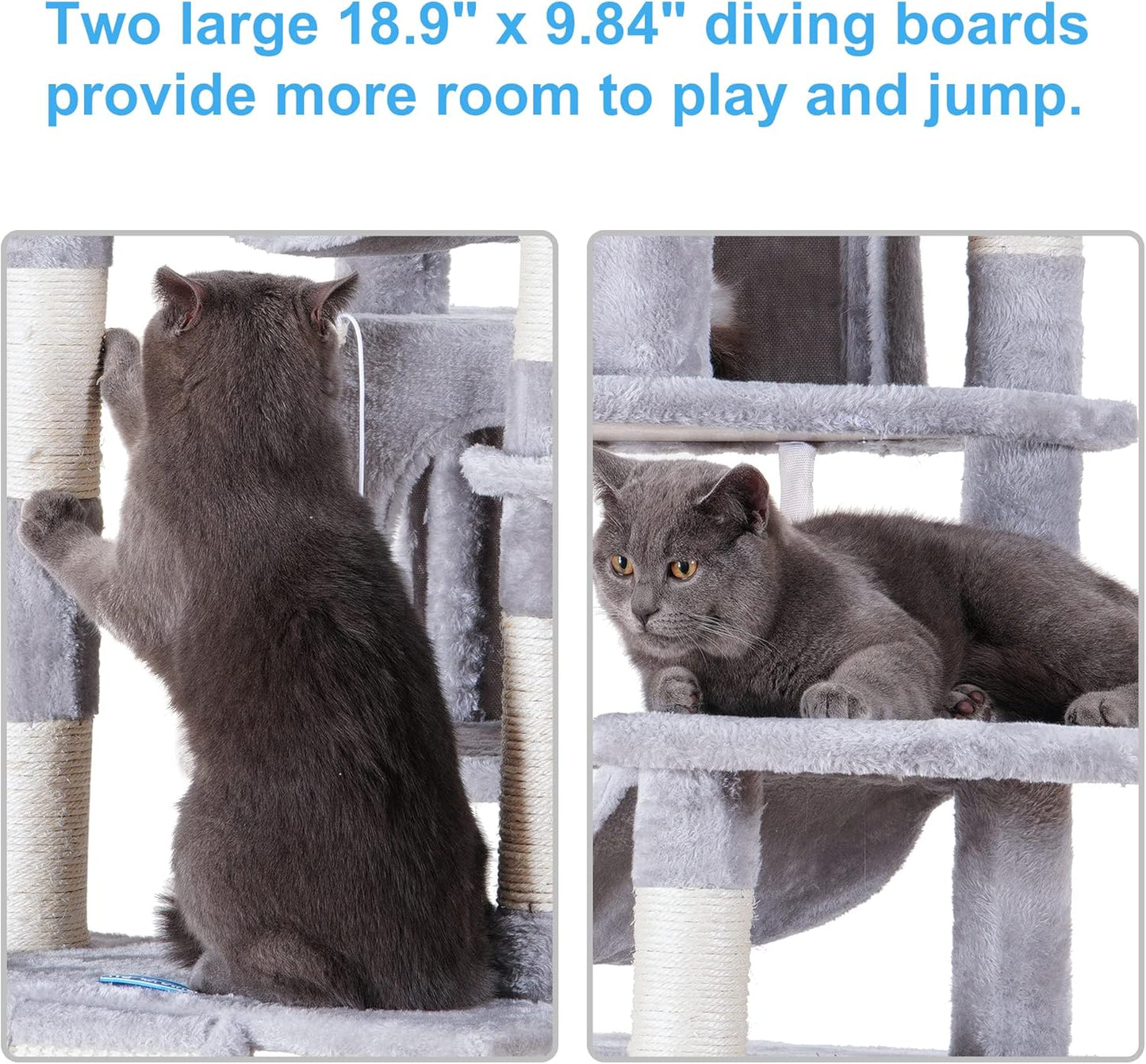 Hey-brother Cat Tree, 71 inches XL Large Cat Tower for Indoor Cats, Multi-Level Cat House with 3 Padded Perches, Big Scratcher, Cozy Basket, 2 Cat Condos and Scratching Posts, Light Gray MPJ034W