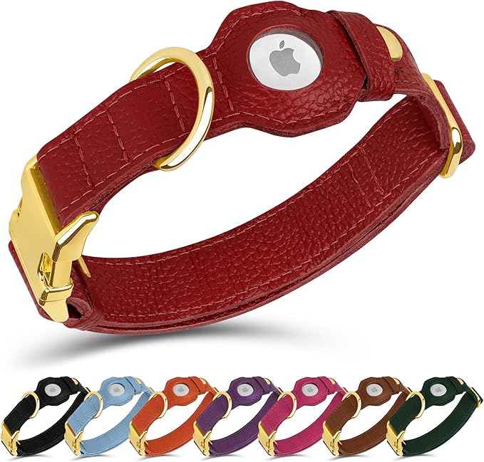 Leather Airtag Dog Collar - Soft Tracking Dog Collar with Apple AirTag Holder and Metal Buckle - Safety GPS Pet Collars for Small Medium Large Dogs Puppy Pink Red (Red, XS, 9"-12" Neck Fit)