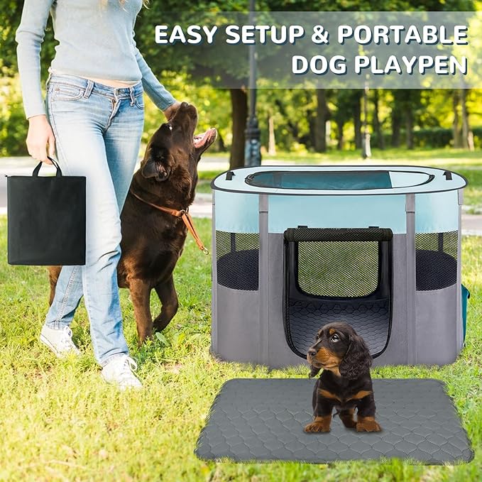 Portable Dog Cat Playpen with Waterproof Pad,Collapsible Pet Puppy Kitten Crate,Foldable Small Animals Kennel Cage for Indoor Outdoor Travel Camping,Water-Resistant Breathable Shade Cover (Green M)