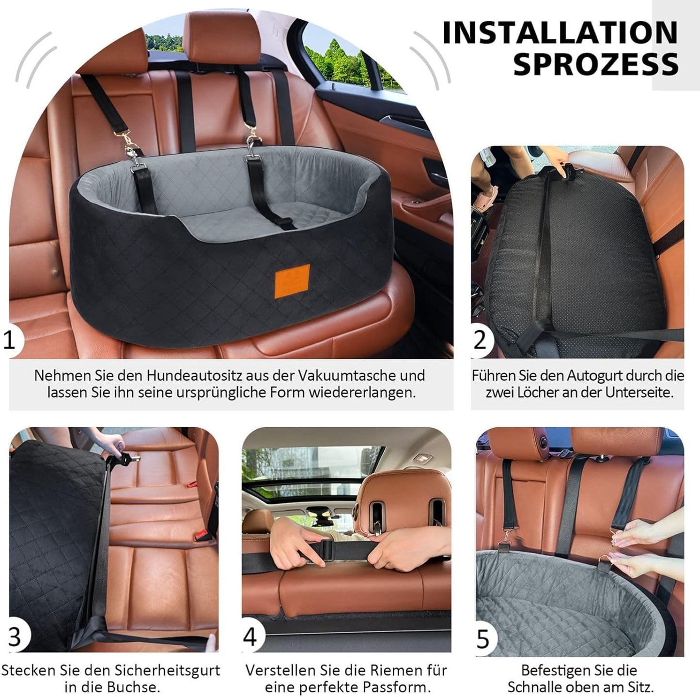 Dog Car Seat for Medium Dogs Up to 50 lbs, Pet Booster Seat for Cars SUVs and Trucks, Travel Dog Bed with Safety Strap, Thick Cushion, Non-Slip Base, Washable and Portable (Black)