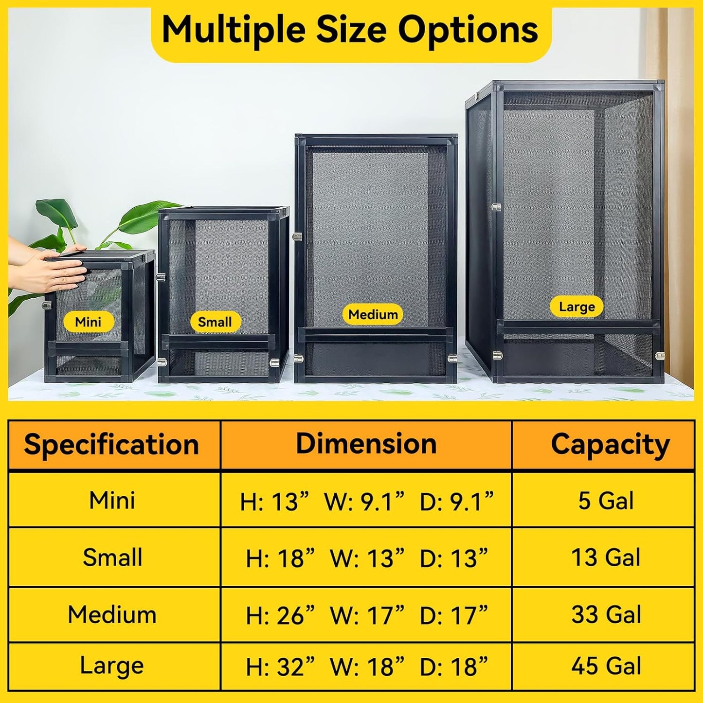 33 Gallon 360° Panoramic Foldable Reptile Terrarium Kit: Crested Gecko Tank and Reptile Cage for Superior Ventilation, Easy Feeding, Sturdiness, and Simple Assembly (Black, 26"x17"x17")