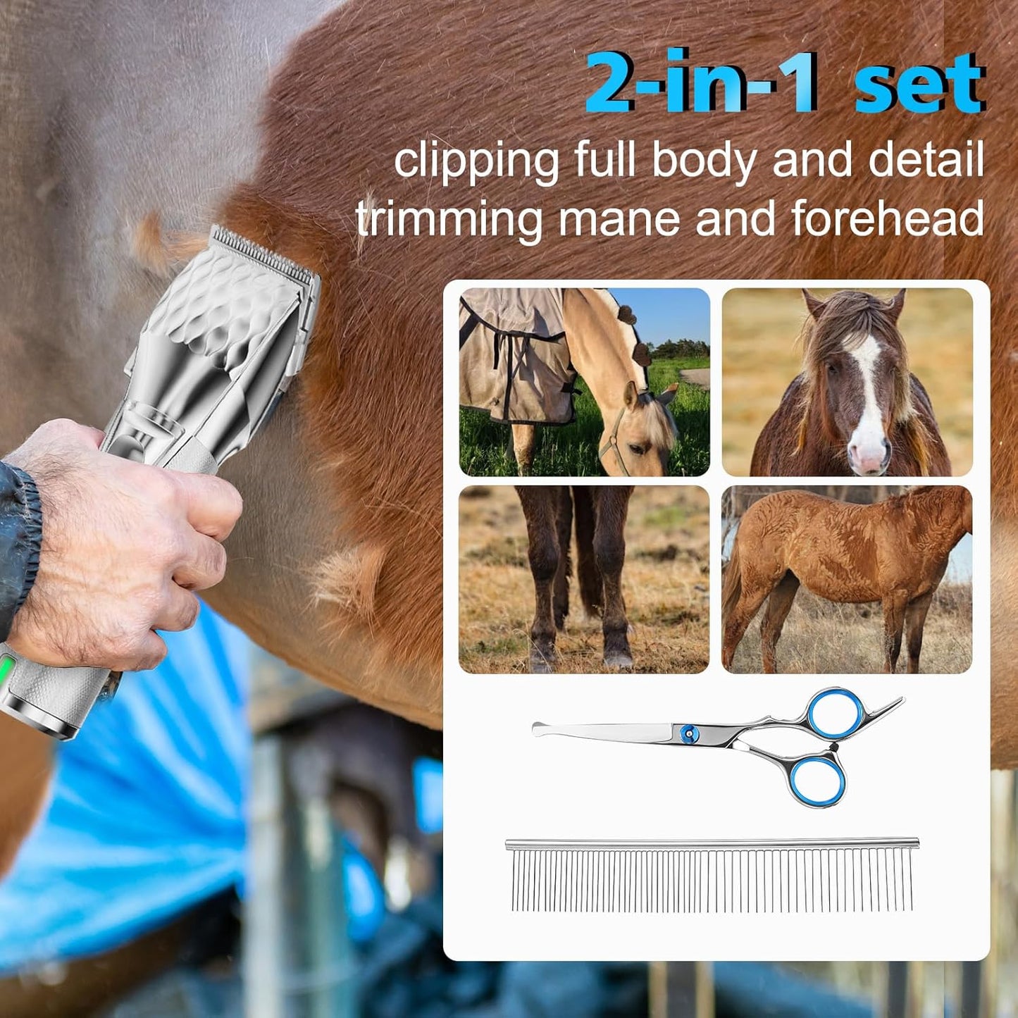 Horse Clippers, Cordless Trimmers Grooming Kit with 2500mAh Battery,Low Noise Heavy Duty Body Clipping Machine with LED Display, Suitable for Horse, Cattle, Cat, Dog with Thick/Tangled Coat