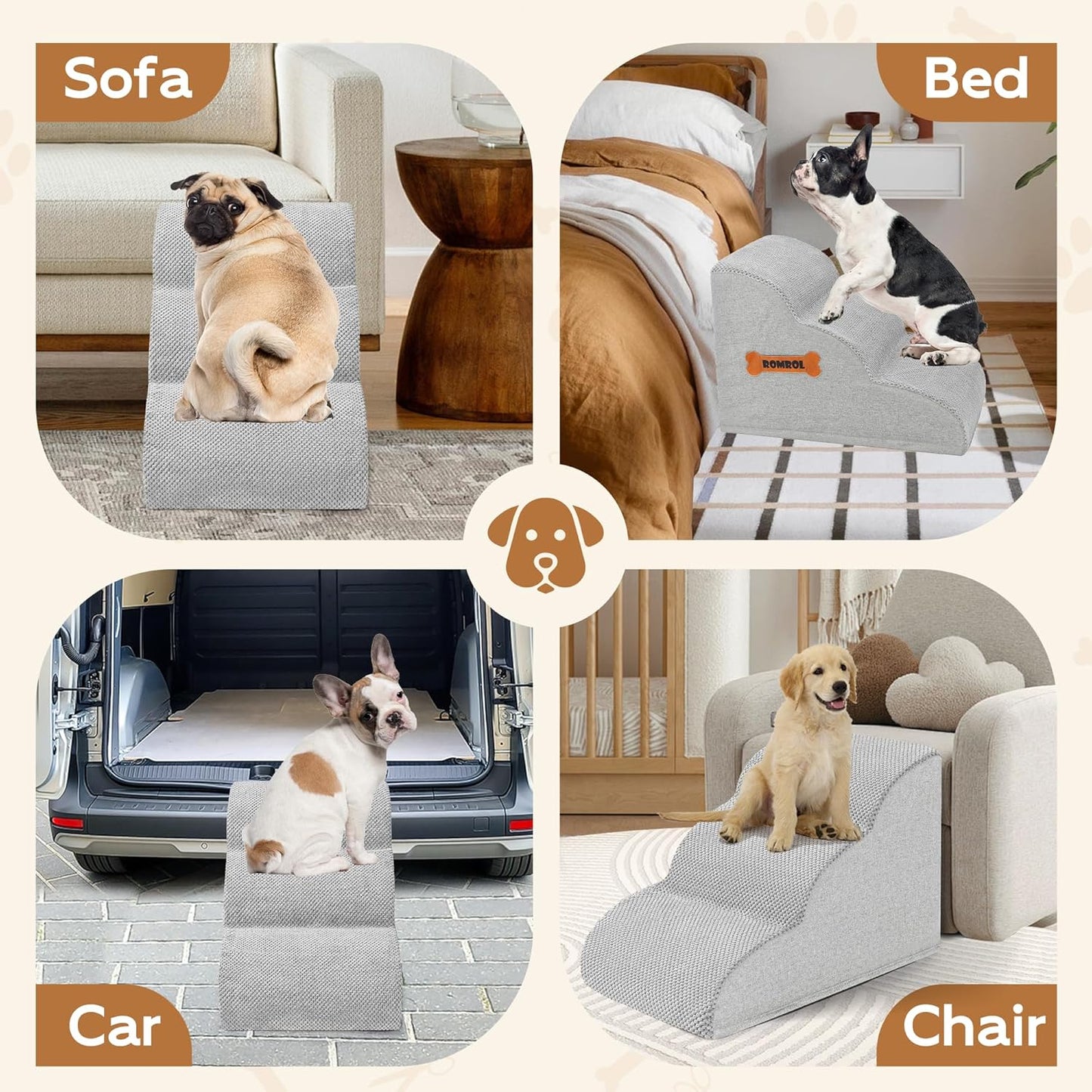 Romrol Dog Stairs Ramp for High Beds Couches, High Density Foam Pet Steps with Durable Non-Slip Waterproof Fabric Cover, Dog Stairs for Small Dogs or Cats or Pets, 3-Step,15 Inch,Light-Grey - Pawvie
