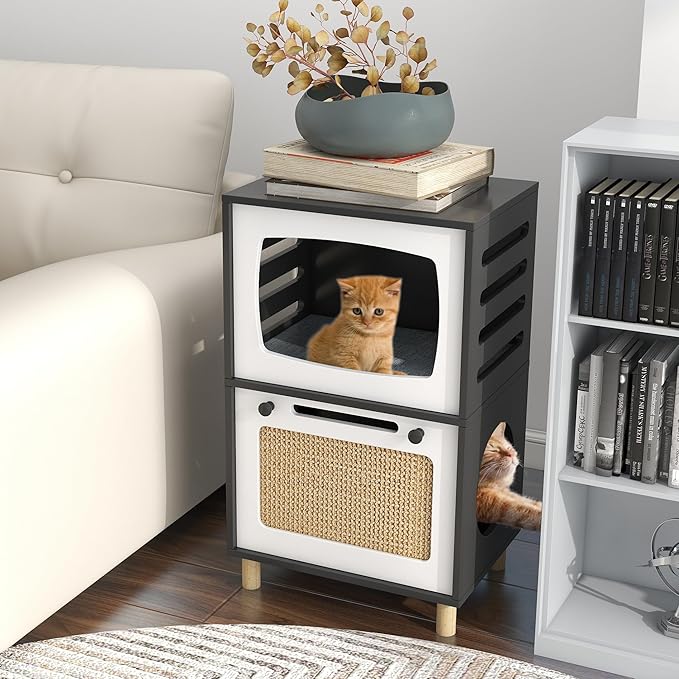 TaoHFE Cat Hideaway Modern Cats Furniture for Living Room Cat Houses for Indoor Cats with Scratching Pad & Soft Cushion, Cats Beds for Indoor TV Design end Table, Black