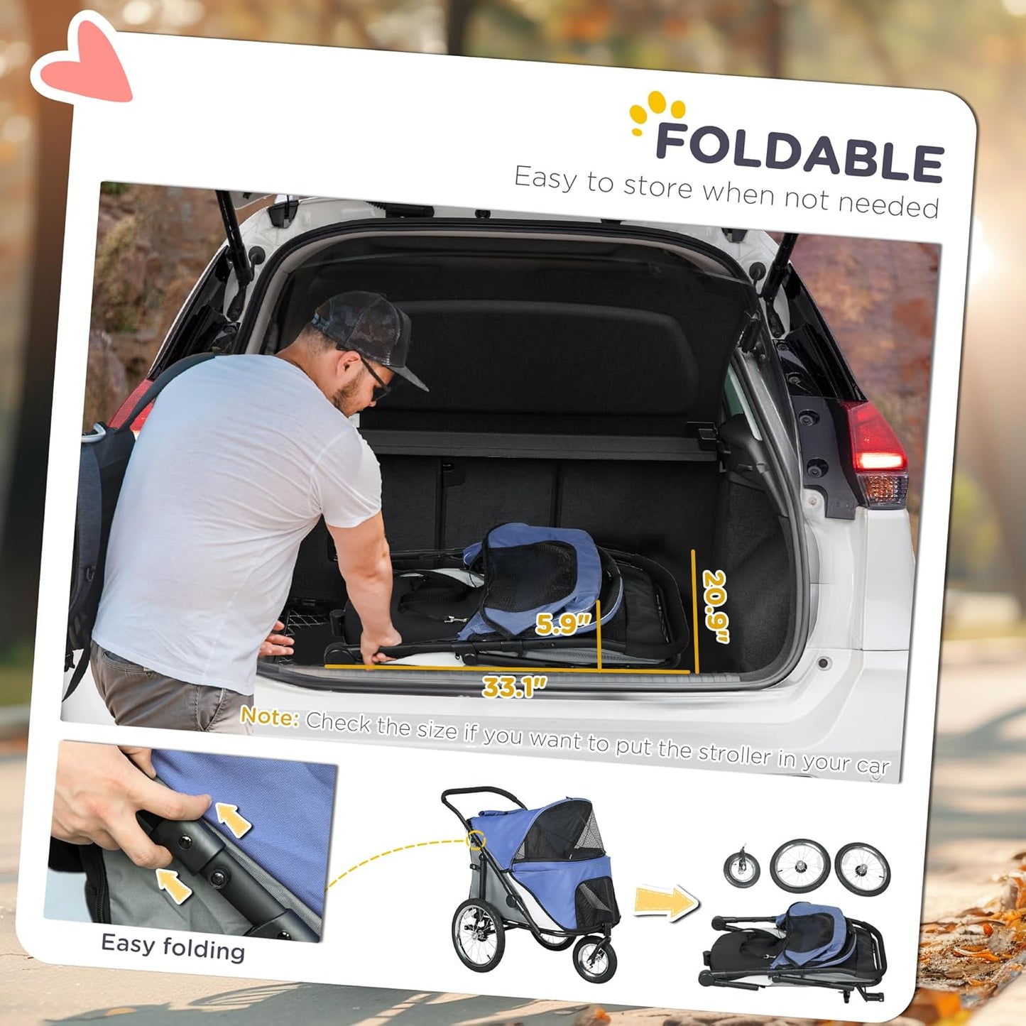 PawHut Dog Stroller, Pet Stroller 3 Wheels with Easy One-Hand Fold, Rubber Wheels, Storage Bag, Soft Cushion, Safety Leash, for Small & Medium Dogs, Blue - Pawvie